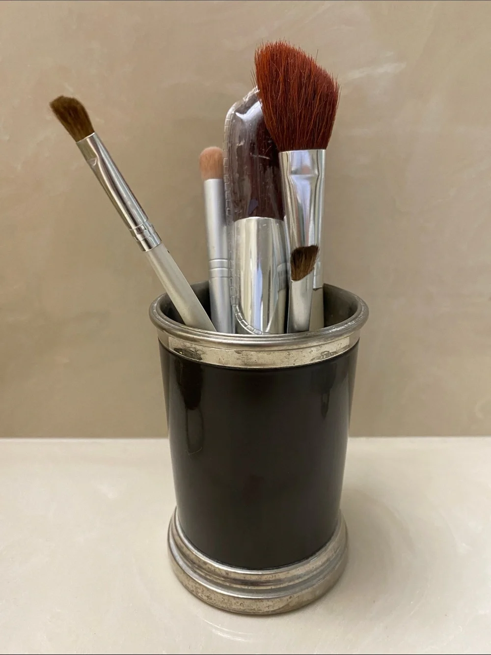Silver-Trimmed Dark Brown Cylindrical Tumbler